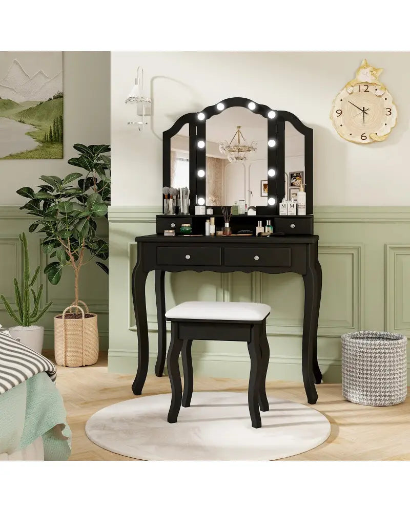 Makeup Vanity Table Set with Lighted Mirror and Drawers-Black - Black - Makeup Vanities