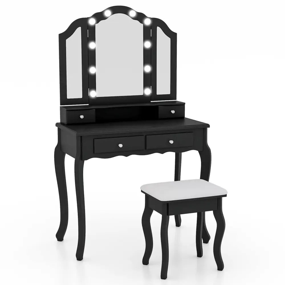 Makeup Vanity Table Set with Lighted Mirror and Drawers-Black - Black - Makeup Vanities