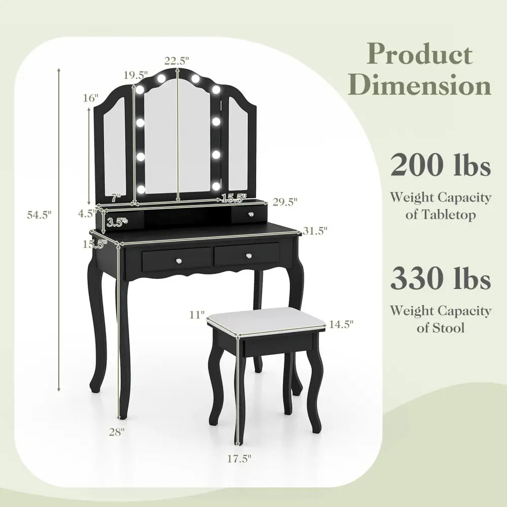 Makeup Vanity Table Set with Lighted Mirror and Drawers-Black - Black - Makeup Vanities