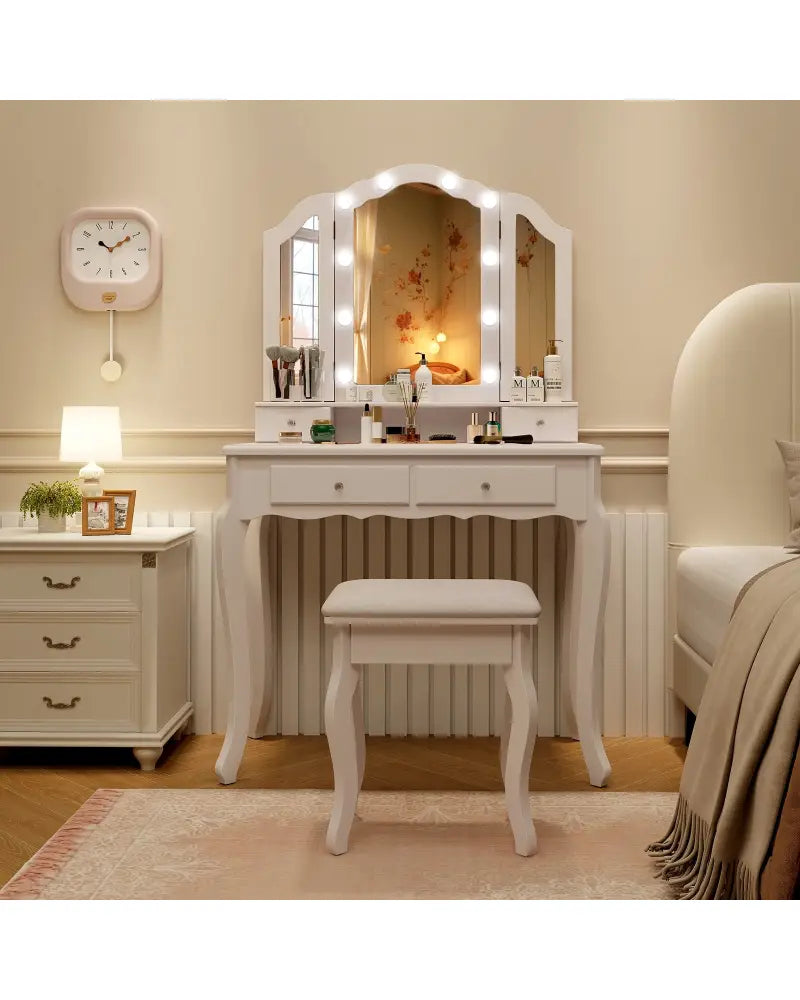 Makeup Vanity Table Set with Lighted Mirror and Drawers-White - White - Makeup Vanities