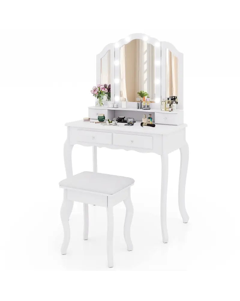 Makeup Vanity Table Set with Lighted Mirror and Drawers-White - White - Makeup Vanities
