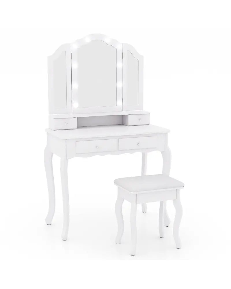 Makeup Vanity Table Set with Lighted Mirror and Drawers-White - White - Makeup Vanities