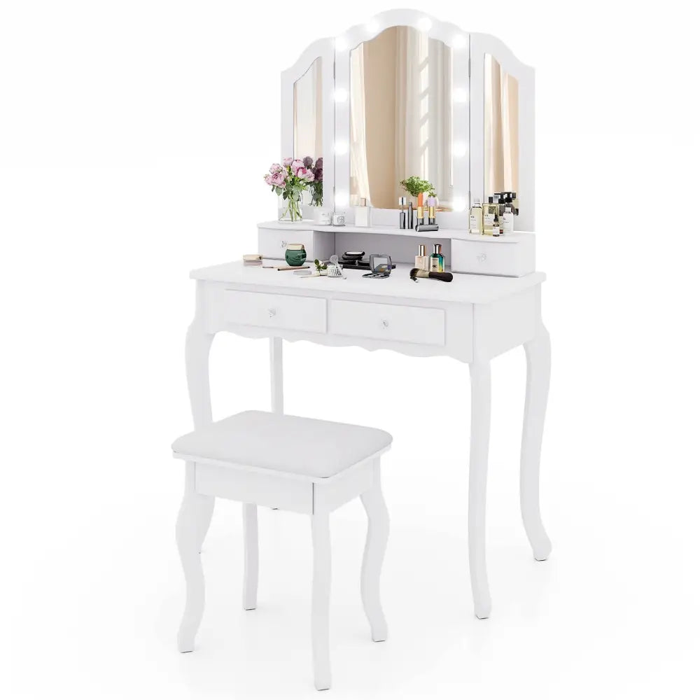 Makeup Vanity Table Set with Lighted Mirror and Drawers-White - White - Makeup Vanities