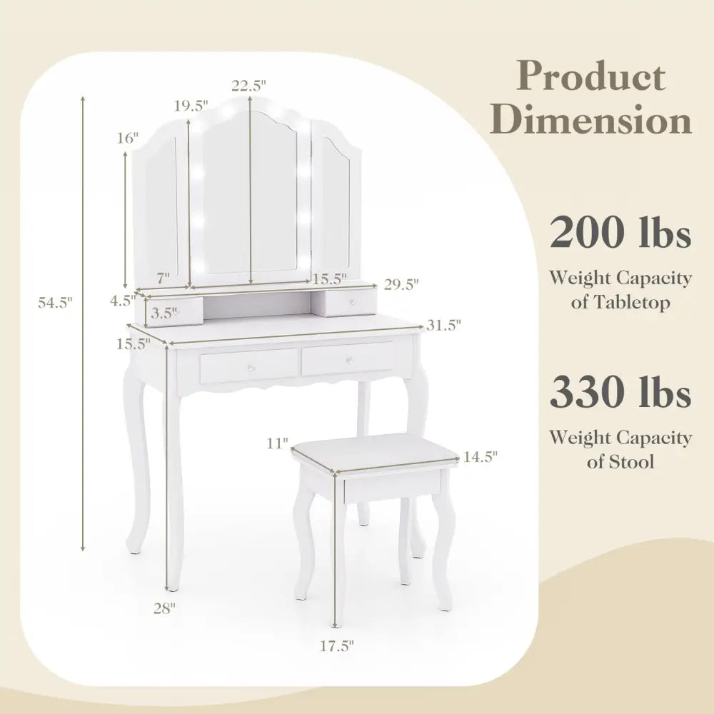Makeup Vanity Table Set with Lighted Mirror and Drawers-White - White - Makeup Vanities