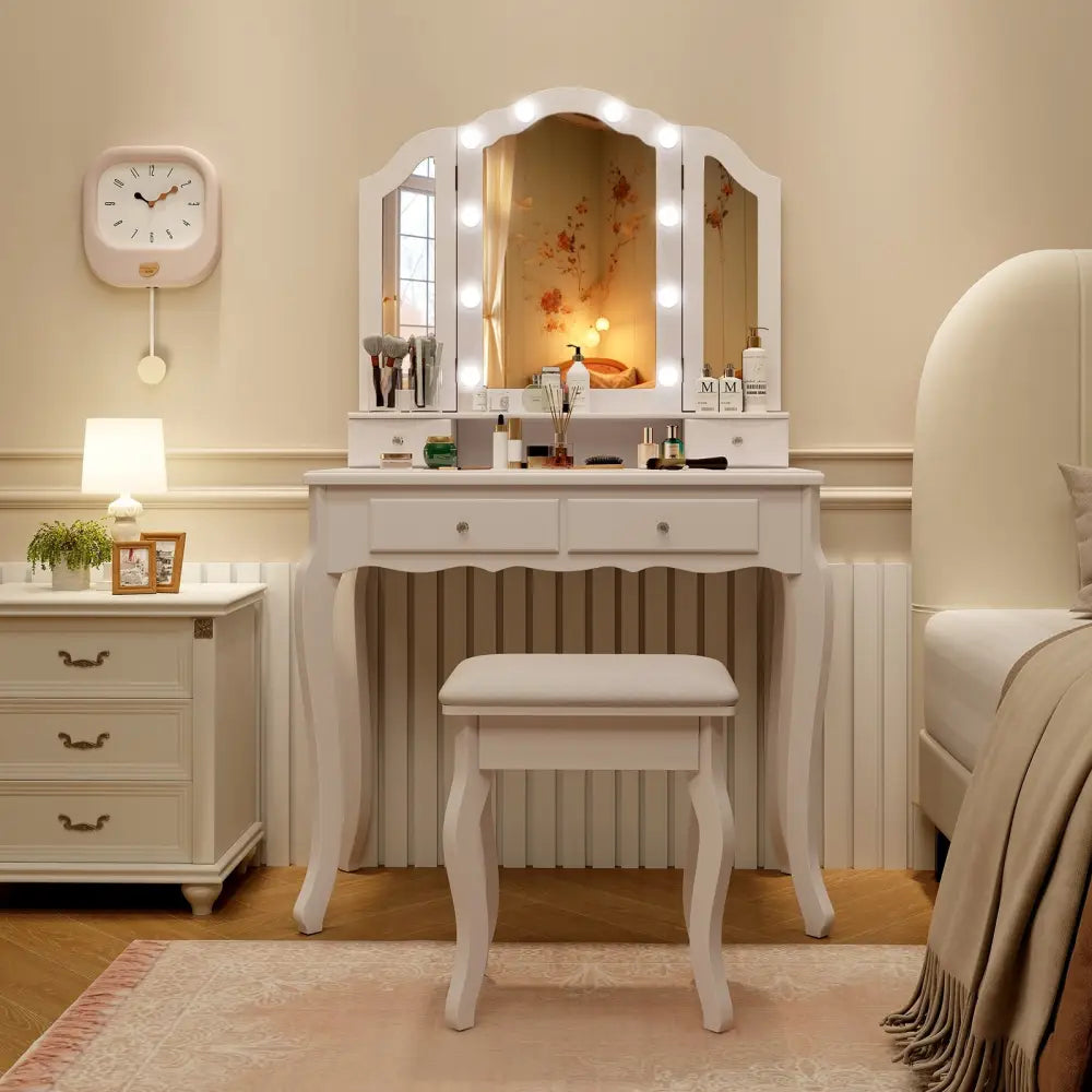 Makeup Vanity Table Set with Lighted Mirror and Drawers-White - White - Makeup Vanities