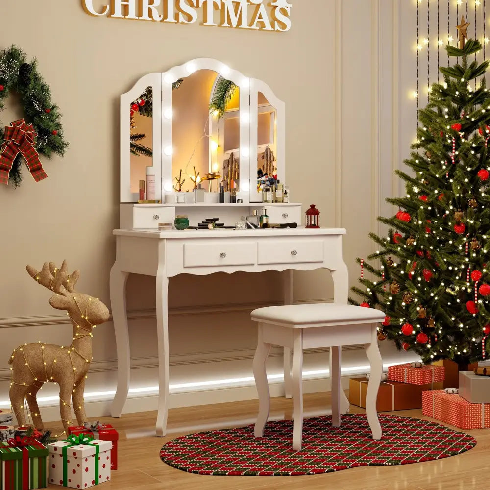 Makeup Vanity Table Set with Lighted Mirror and Drawers-White - White - Makeup Vanities