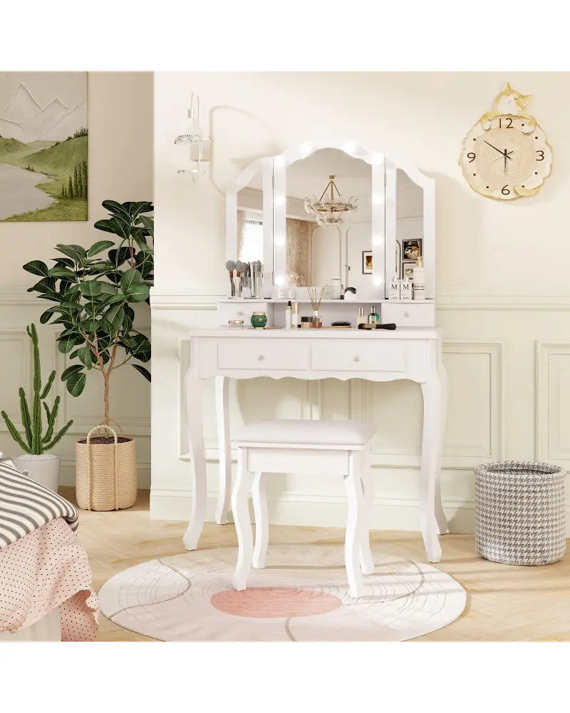 Makeup Vanity Table Set with Lighted Mirror and Drawers-White - White - Makeup Vanities