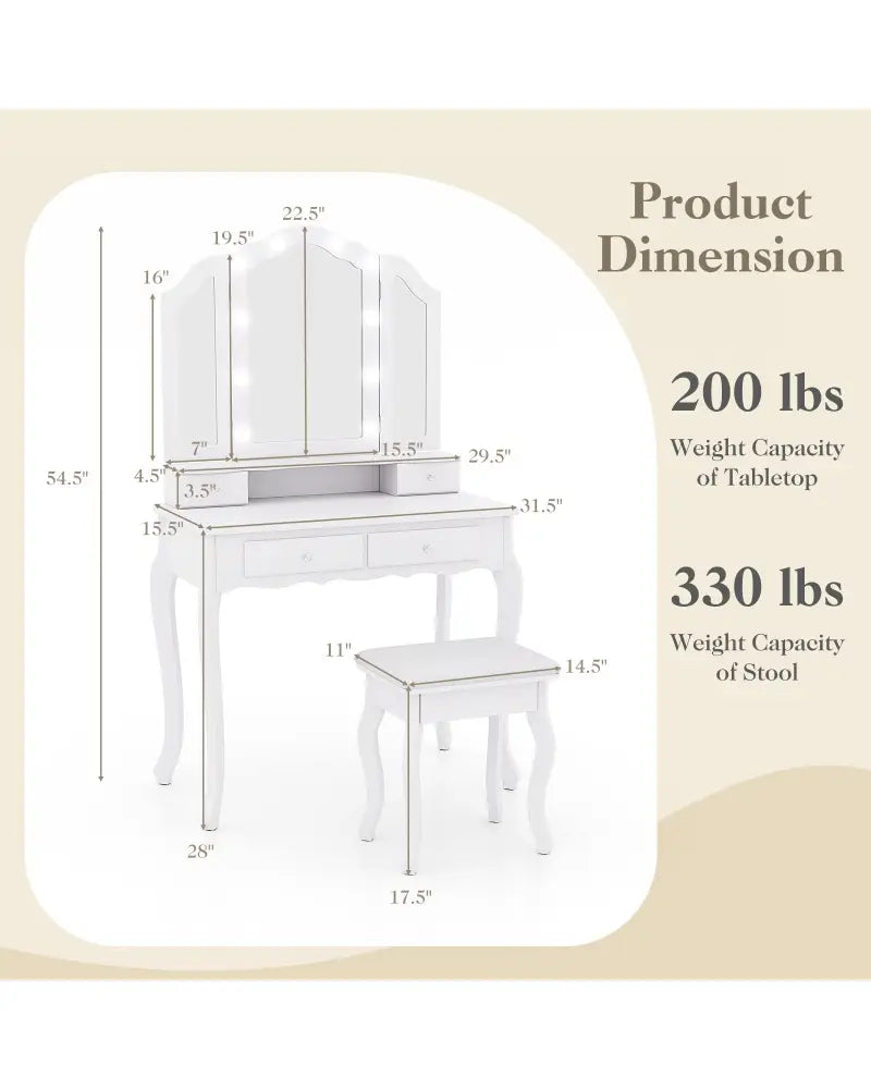 Makeup Vanity Table Set with Lighted Mirror and Drawers-White - White - Makeup Vanities