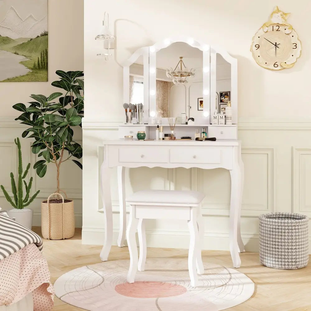 Makeup Vanity Table Set with Lighted Mirror and Drawers-White - White - Makeup Vanities