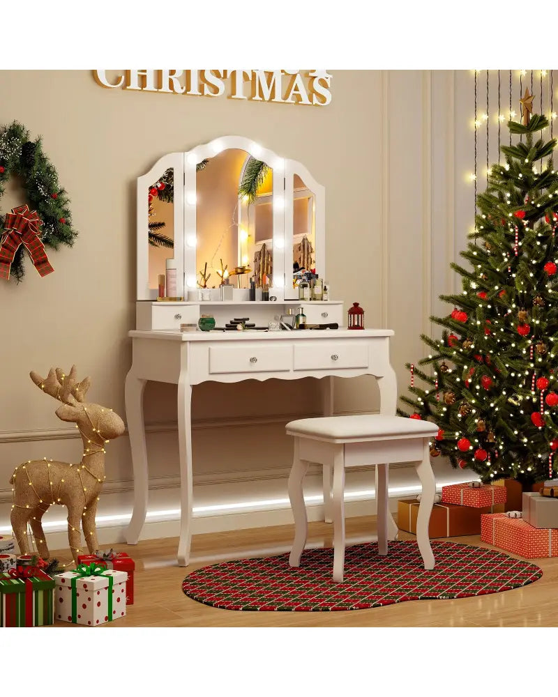 Makeup Vanity Table Set with Lighted Mirror and Drawers-White - White - Makeup Vanities