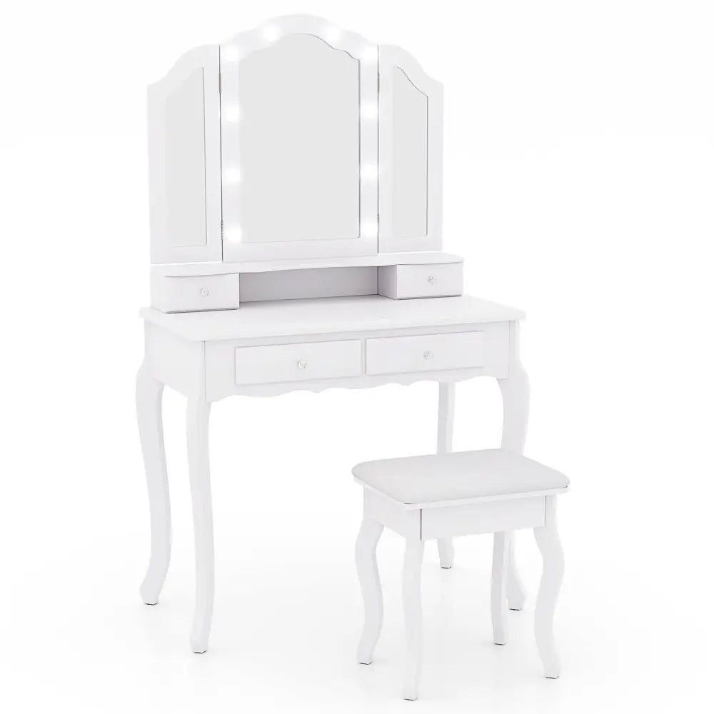 Makeup Vanity Table Set with Lighted Mirror and Drawers-White - White - Makeup Vanities
