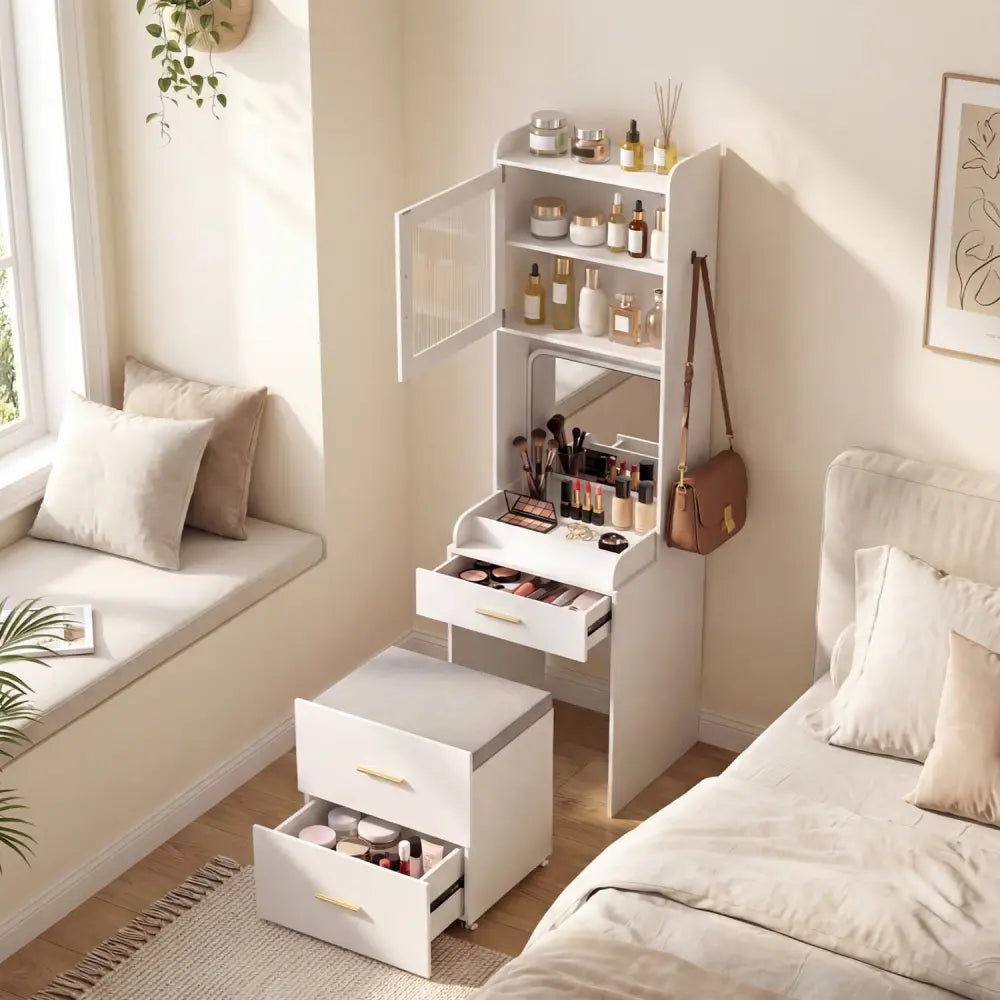 Makeup Vanity with Power Outlets and Flip-top Mirror and Storage Stool-White - White - Makeup Vanities