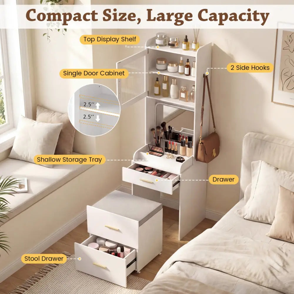 Makeup Vanity with Power Outlets and Flip-top Mirror and Storage Stool-White - White - Makeup Vanities