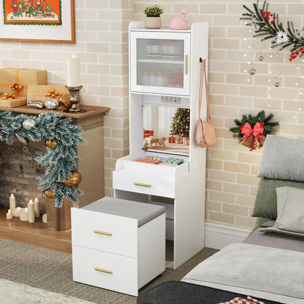 Makeup Vanity with Power Outlets and Flip-top Mirror and Storage Stool-White - White - Makeup Vanities
