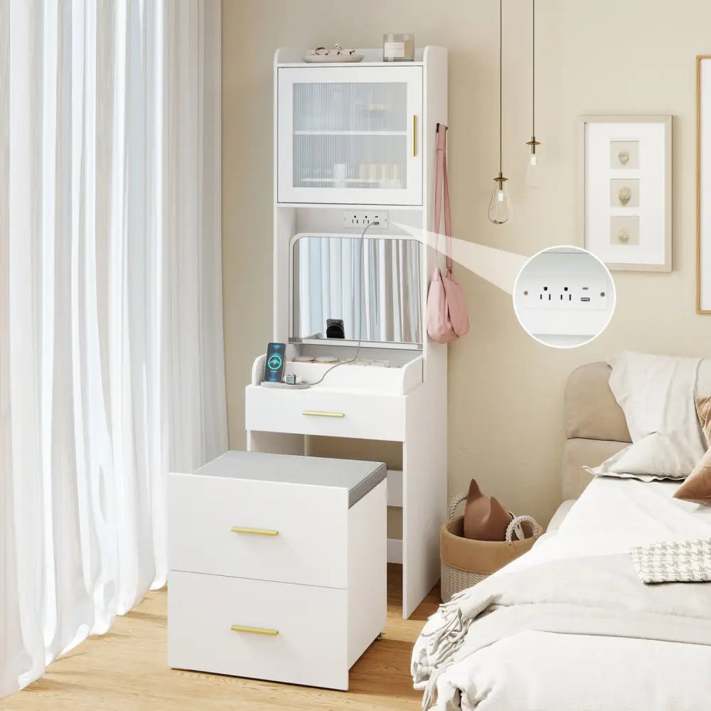 Makeup Vanity with Power Outlets and Flip-top Mirror and Storage Stool-White - White - Makeup Vanities