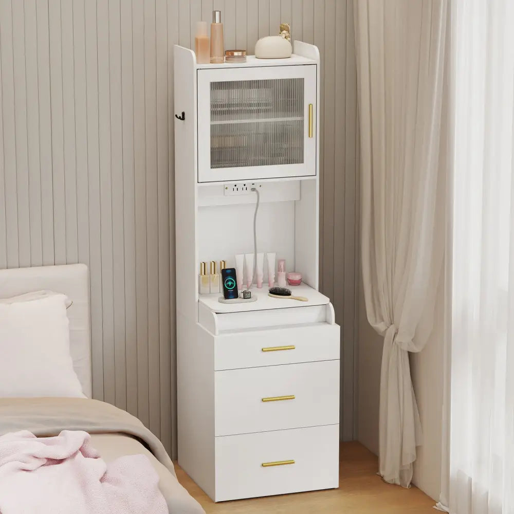 Makeup Vanity with Power Outlets and Flip-top Mirror and Storage Stool-White - White - Makeup Vanities