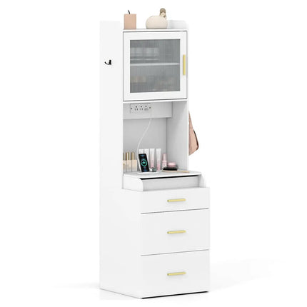 Makeup Vanity with Power Outlets and Flip-top Mirror and Storage Stool-White - White - Makeup Vanities