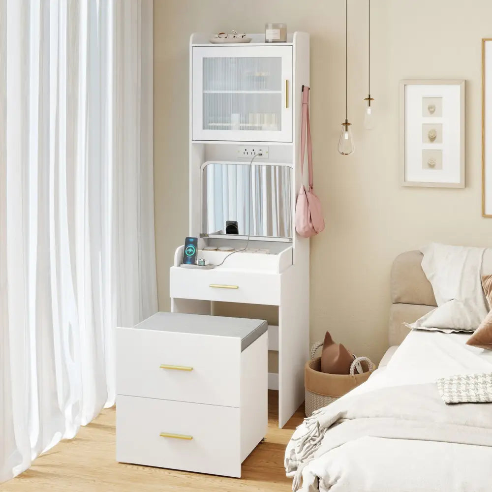 Makeup Vanity with Power Outlets and Flip-top Mirror and Storage Stool-White - White - Makeup Vanities