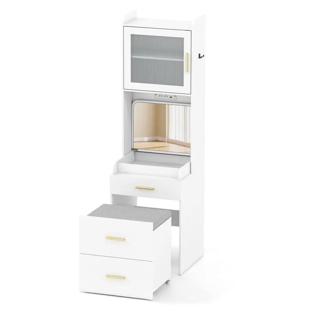 Makeup Vanity with Power Outlets and Flip-top Mirror and Storage Stool-White - White - Makeup Vanities