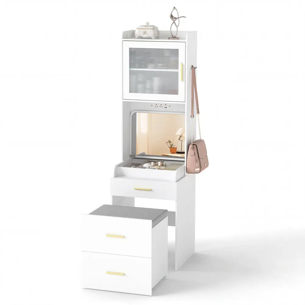 Makeup Vanity with Power Outlets and Flip-top Mirror and Storage Stool-White - White - Makeup Vanities