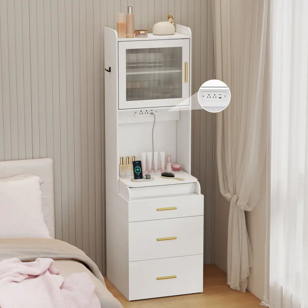 Makeup Vanity with Power Outlets and Flip-top Mirror and Storage Stool-White - White - Makeup Vanities