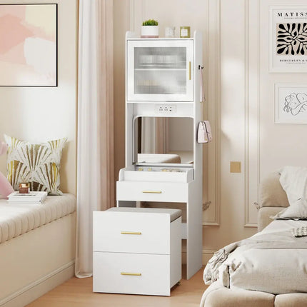 Makeup Vanity with Power Outlets and Flip-top Mirror and Storage Stool-White - White - Makeup Vanities