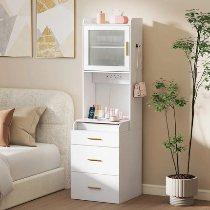 Makeup Vanity with Power Outlets and Flip-top Mirror and Storage Stool-White - White - Makeup Vanities