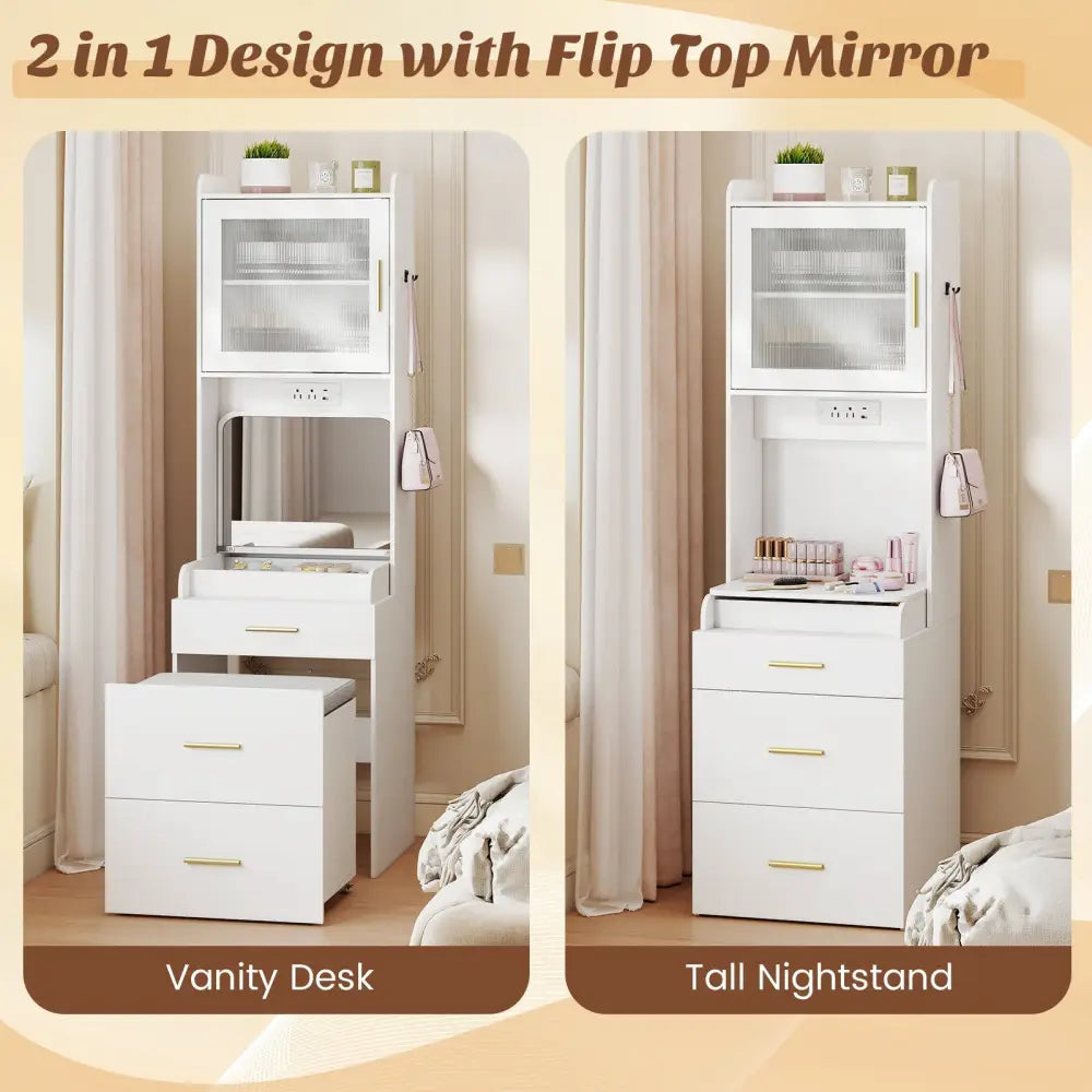 Makeup Vanity with Power Outlets and Flip-top Mirror and Storage Stool-White - White - Makeup Vanities