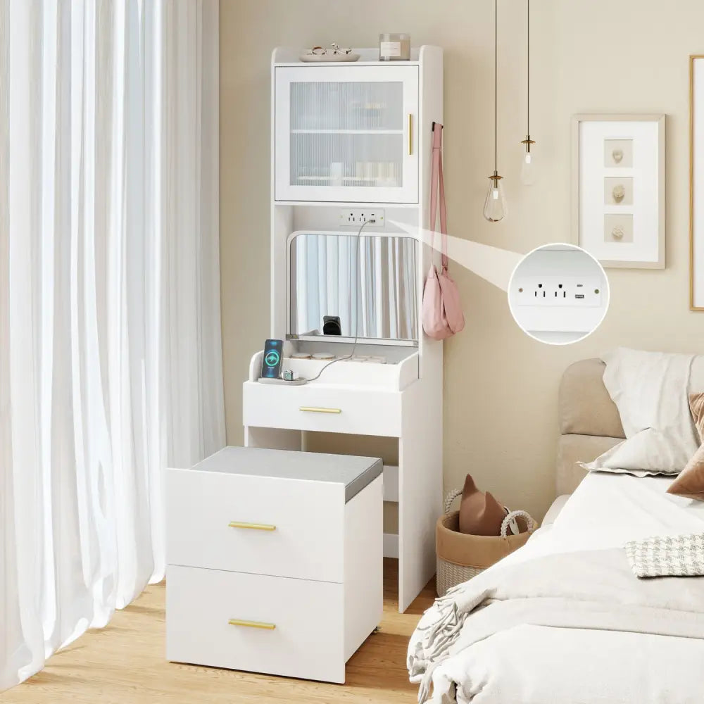 Makeup Vanity with Power Outlets and Flip-top Mirror and Storage Stool-White - White - Makeup Vanities