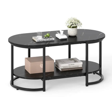 Marble Coffee Table with Open Storage Shelf-Black - Black - Coffee Tables