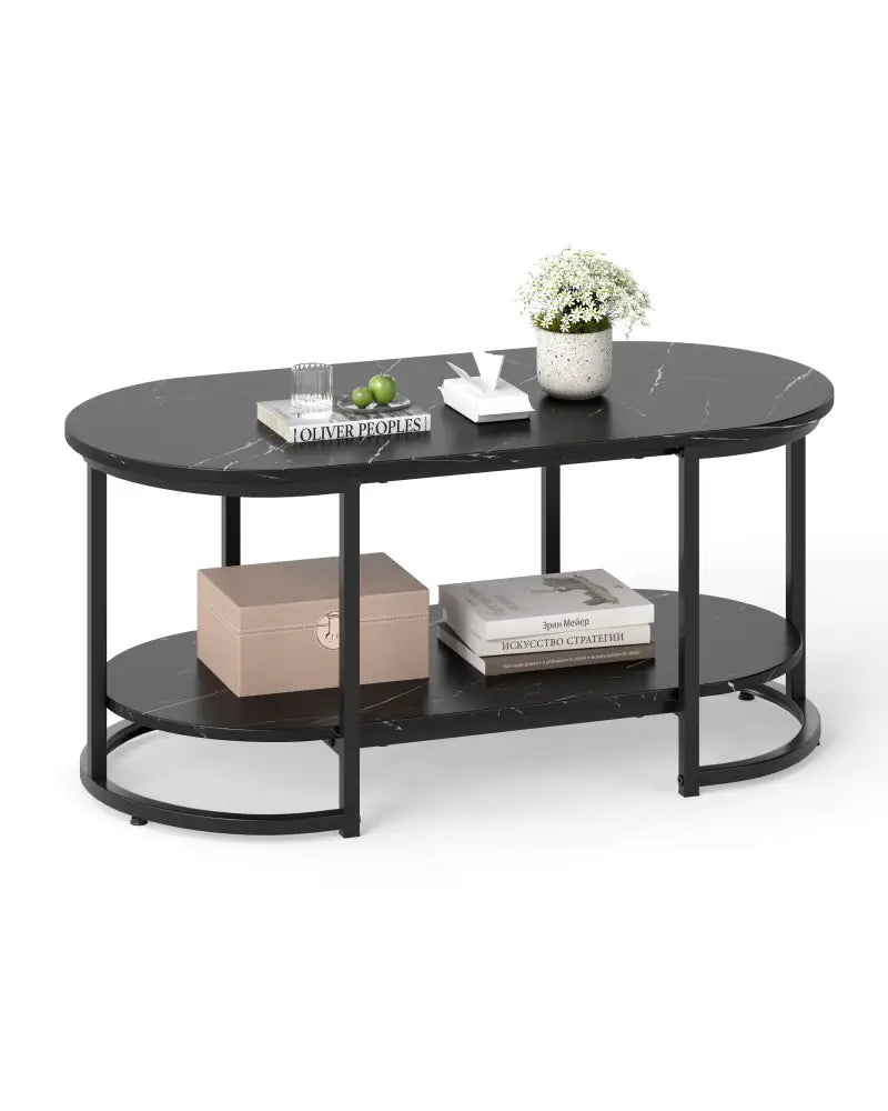 Marble Coffee Table with Open Storage Shelf-Black - Black - Coffee Tables