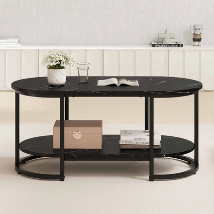 Marble Coffee Table with Open Storage Shelf-Black - Black - Coffee Tables