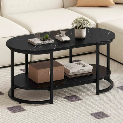 Marble Coffee Table with Open Storage Shelf-Black - Black - Coffee Tables