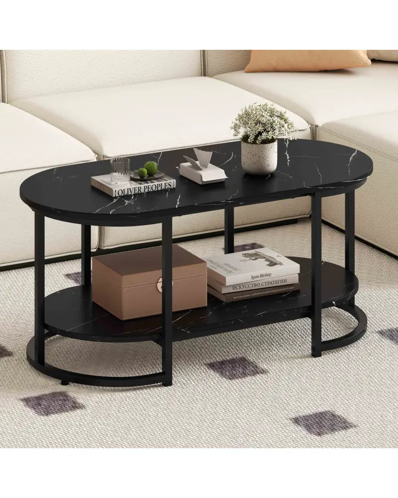 Marble Coffee Table with Open Storage Shelf-Black - Black - Coffee Tables