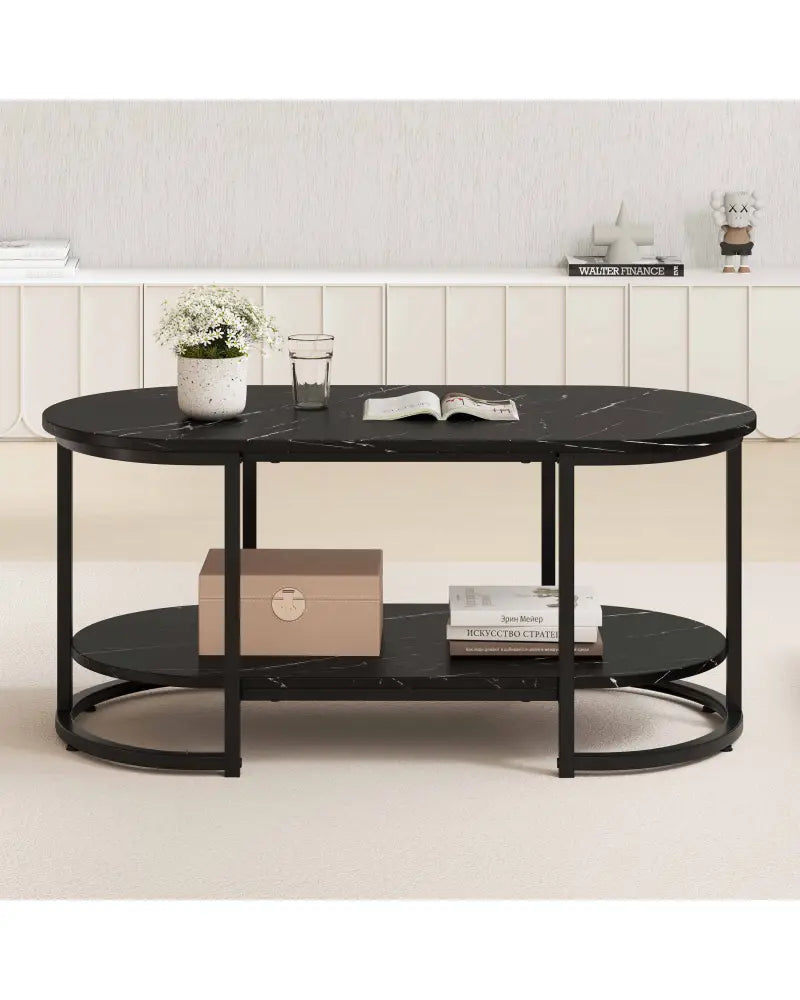 Marble Coffee Table with Open Storage Shelf-Black - Black - Coffee Tables