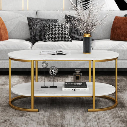Marble Coffee Table with Open Storage Shelf-White - White - Coffee Tables