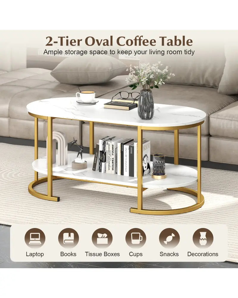 Marble Coffee Table with Open Storage Shelf-White - White - Coffee Tables
