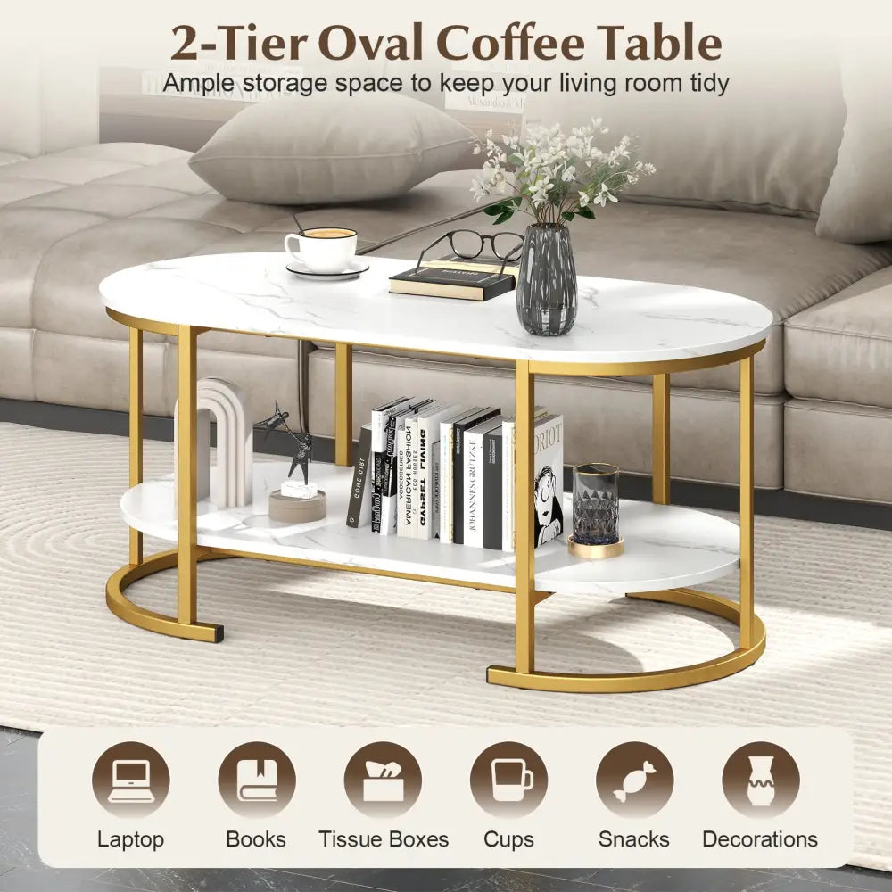 Marble Coffee Table with Open Storage Shelf-White - White - Coffee Tables