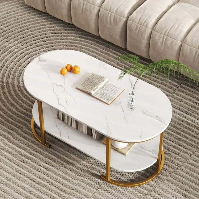 Marble Coffee Table with Open Storage Shelf-White - White - Coffee Tables