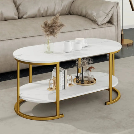 Marble Coffee Table with Open Storage Shelf-White - White - Coffee Tables