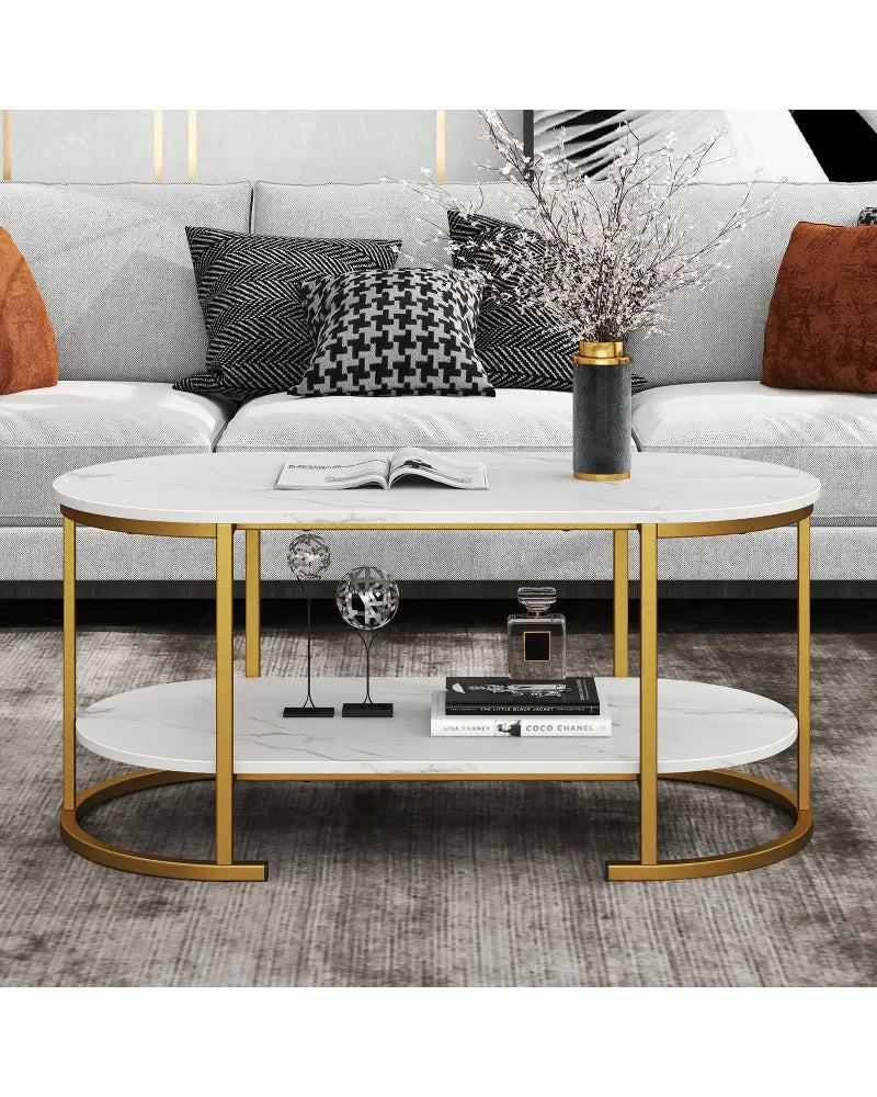 Marble Coffee Table with Open Storage Shelf-White - White - Coffee Tables