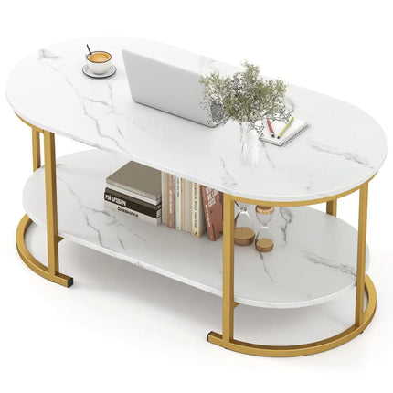 Marble Coffee Table with Open Storage Shelf-White - White - Coffee Tables
