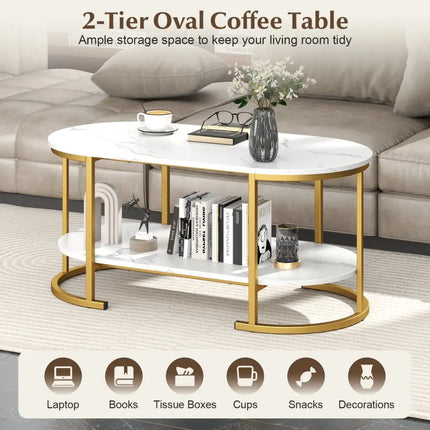 Marble Coffee Table with Open Storage Shelf-White - White - Coffee Tables