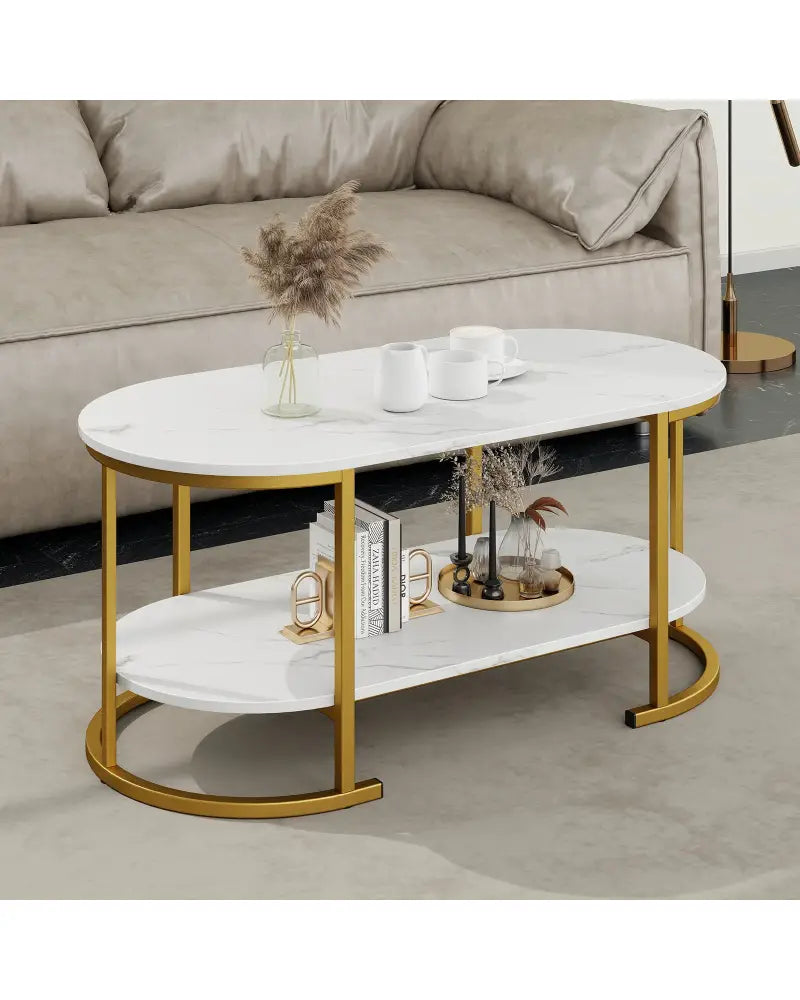 Marble Coffee Table with Open Storage Shelf-White - White - Coffee Tables