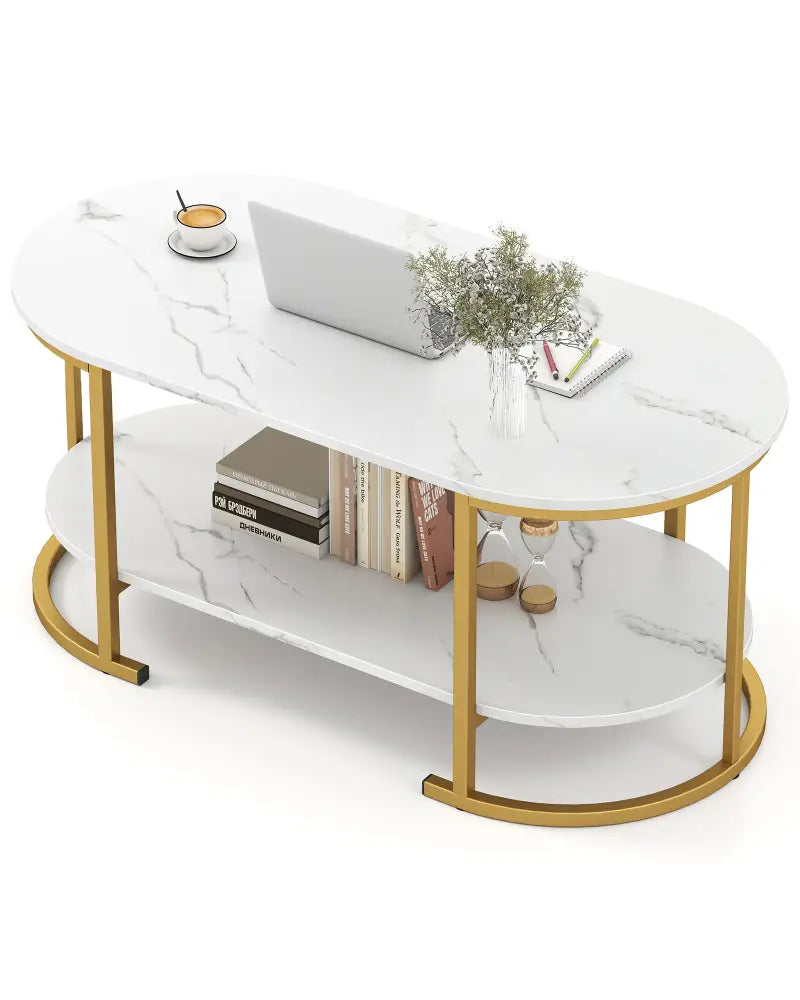Marble Coffee Table with Open Storage Shelf-White - White - Coffee Tables
