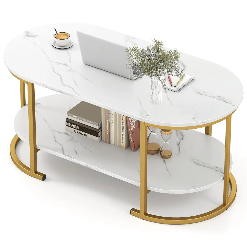 Marble Coffee Table with Open Storage Shelf-White - White - Coffee Tables