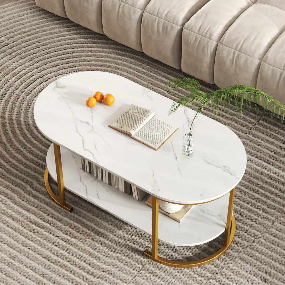Marble Coffee Table with Open Storage Shelf-White - White - Coffee Tables
