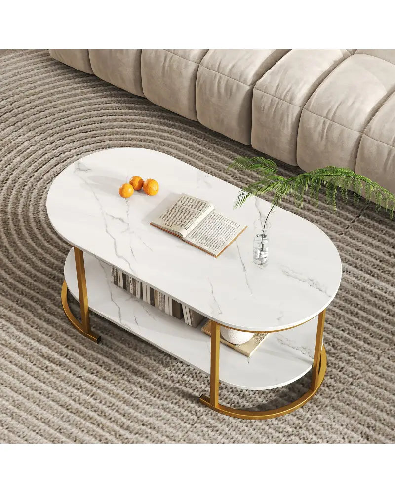 Marble Coffee Table with Open Storage Shelf-White - White - Coffee Tables