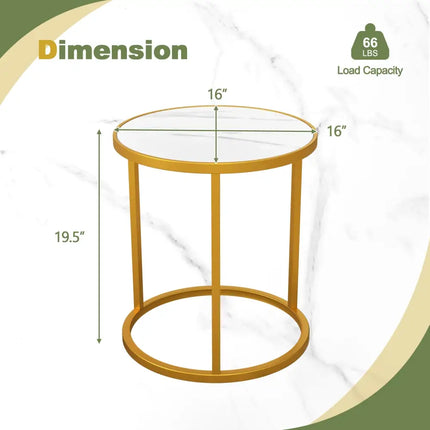 Marble Top Round Side Table 16-Inch End Table with Golden Metal Frame-2 Pieces - Golden - End & Side Tables