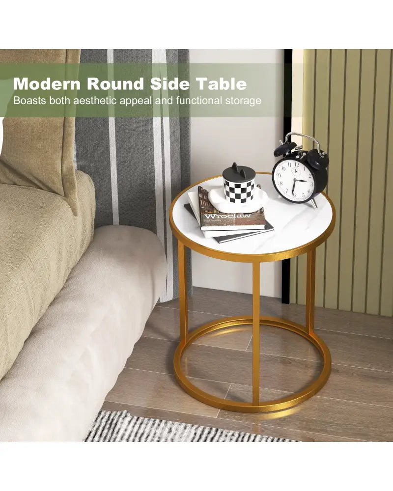 Marble Top Round Side Table 16-Inch End Table with Golden Metal Frame-2 Pieces - Golden - End & Side Tables